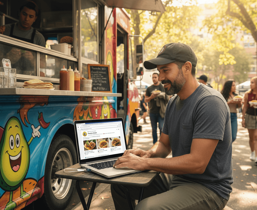 A taco truck owner looking at laptop