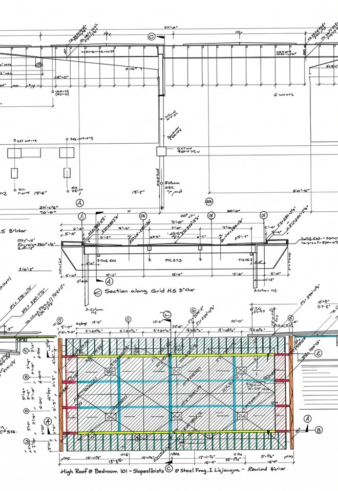 Section through a water feature over living space, structure highlighted in color