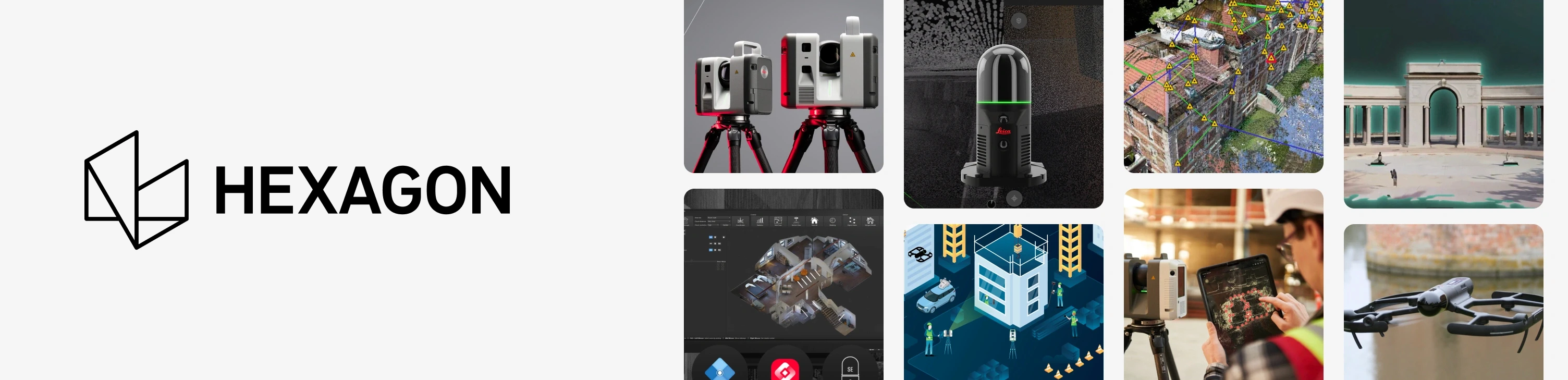 Hexagon logo beside photographs of terrestrial laser scanners on tripods, a handheld scanner in use, and a point cloud model of a facility.