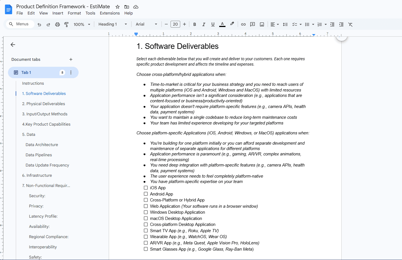 Snippet of document titled "Product Definition Framework - EstiMate". Table of contents is on the left with different parts of the model. To the right is a section titled Software Deliverables, with italized text underneath for instructions and checkboxes for options that users can select in that category.