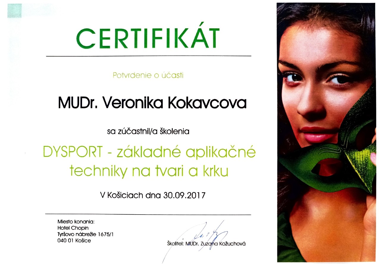 Certifikát pre MUDr. Veroniku Hamráčkovú Kokavcovú o absolvovaní školenia Dysport – základné aplikačné techniky na tvári a krku (školiteľ MUDr. Zuzana Kožuchová)