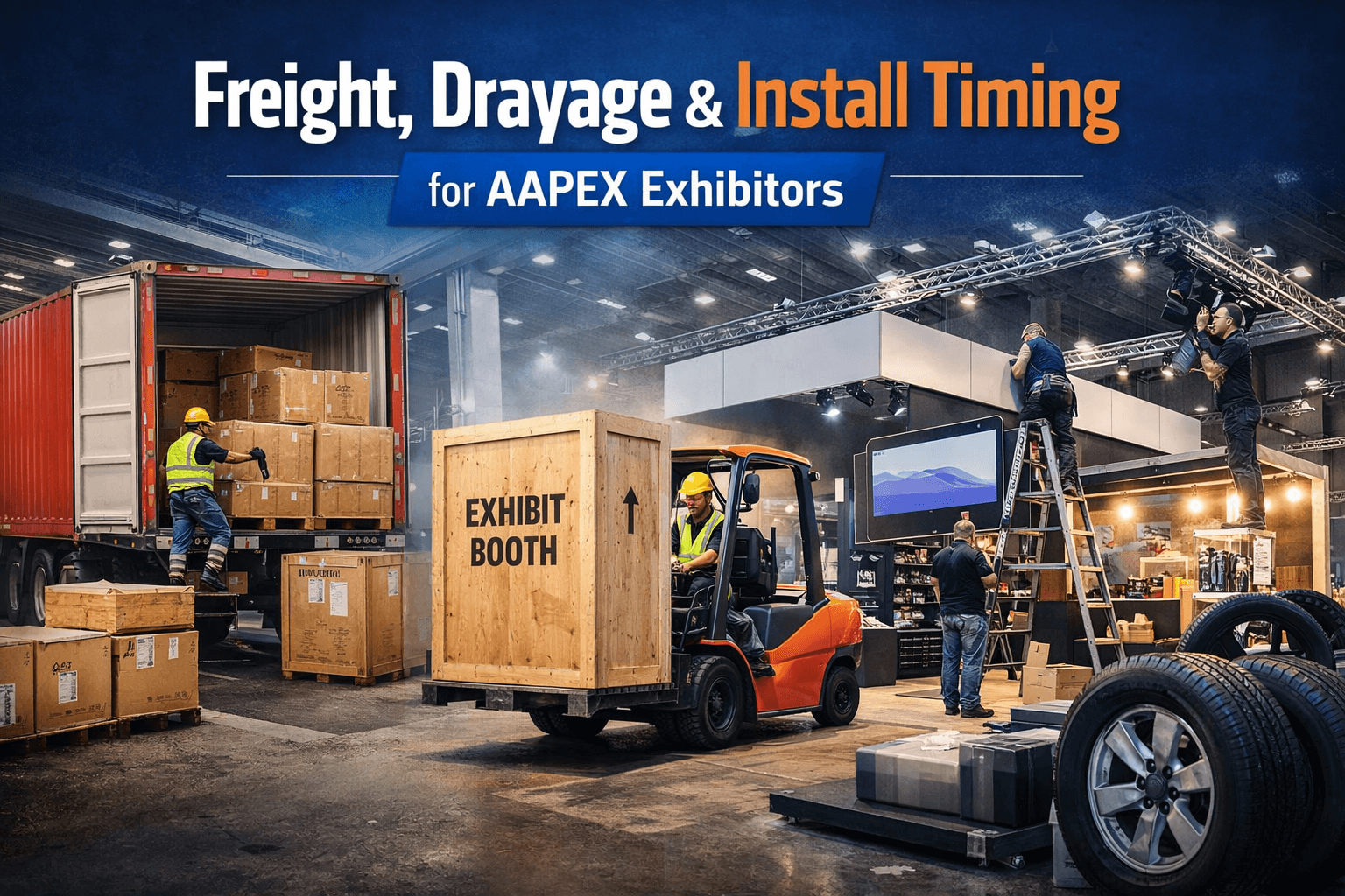 Blog cover for Freight, Drayage, and Install Timing for AAPEX Exhibitors in Las Vegas, showing booth setup logistics, freight handling, crate movement, and installation work for an automotive aftermarket exhibit
