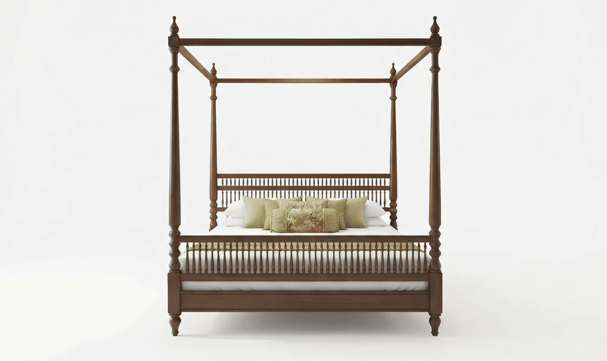 Ornate four‑poster bed with carved canopy structure and paneled base