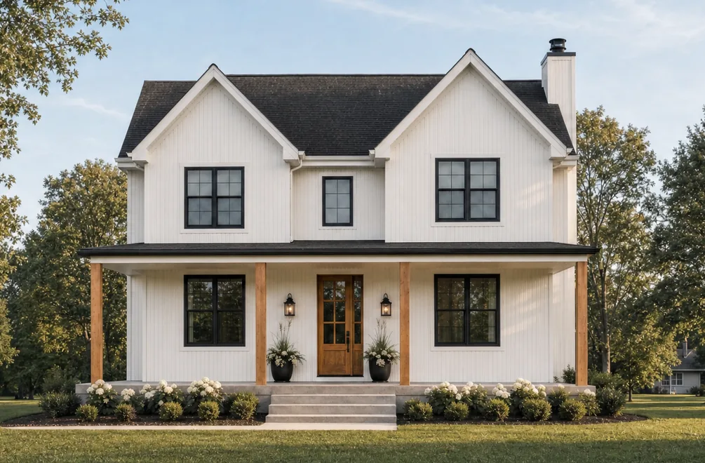 White two-story farmhouse with a cedar front porch in a Michigan neighborhood