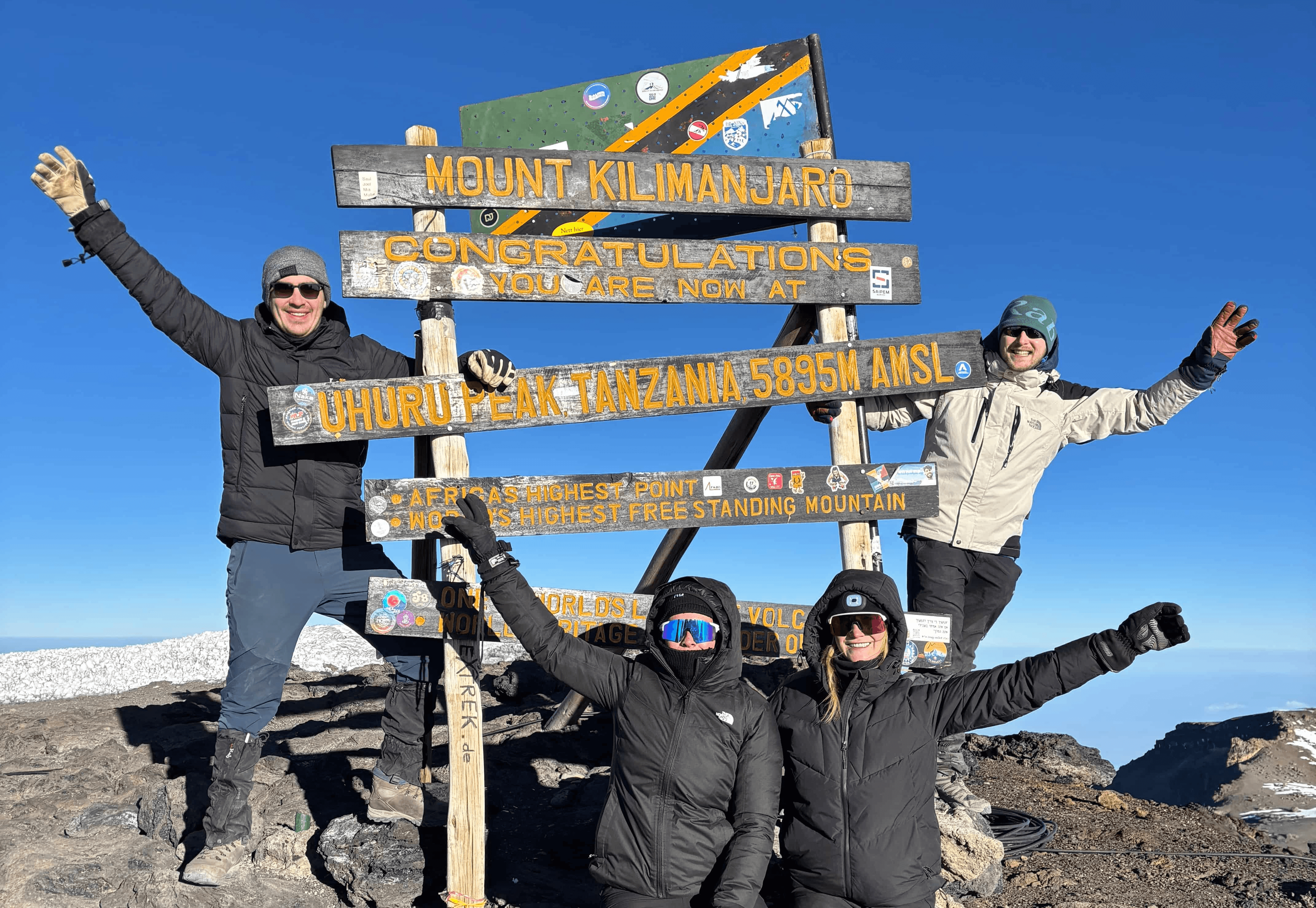 Legend Expeditions climbers and guides celebrating at the Uhuru Peak summit sign after a successful Kilimanjaro climb.