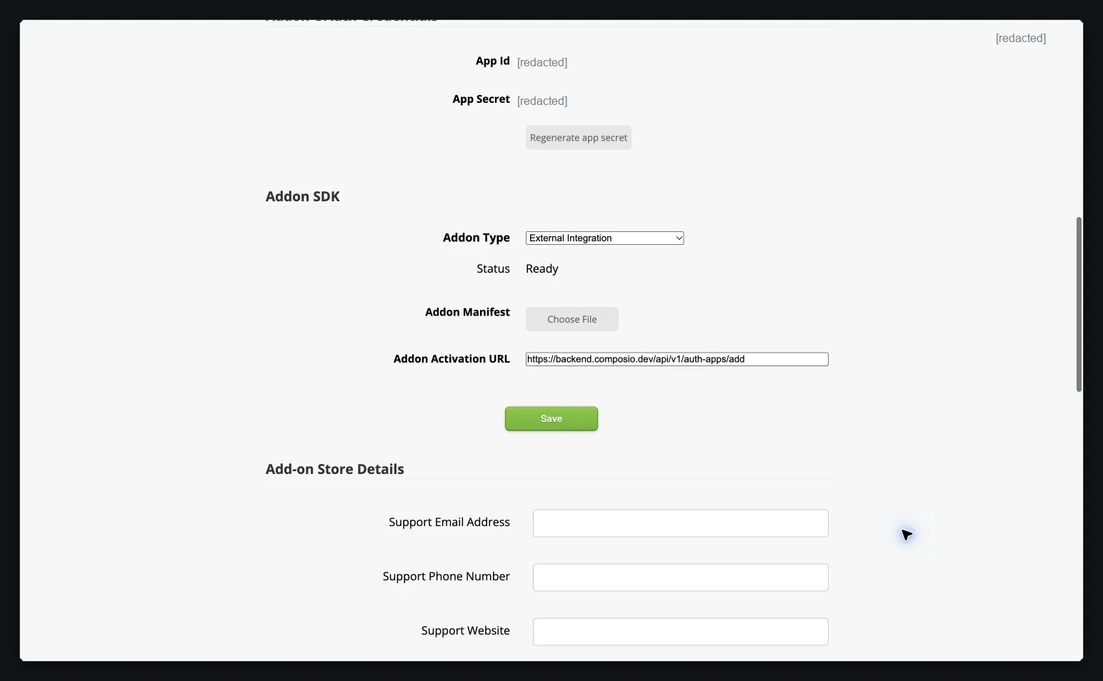 Select External Integration and configure the Composio callback host
