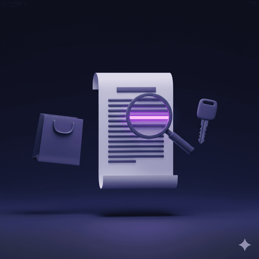 A delivery bag and car key beside a dense gig platform contract with a magnifying glass over a glowing clause, representing hidden terms in Uber and DoorDash agreements