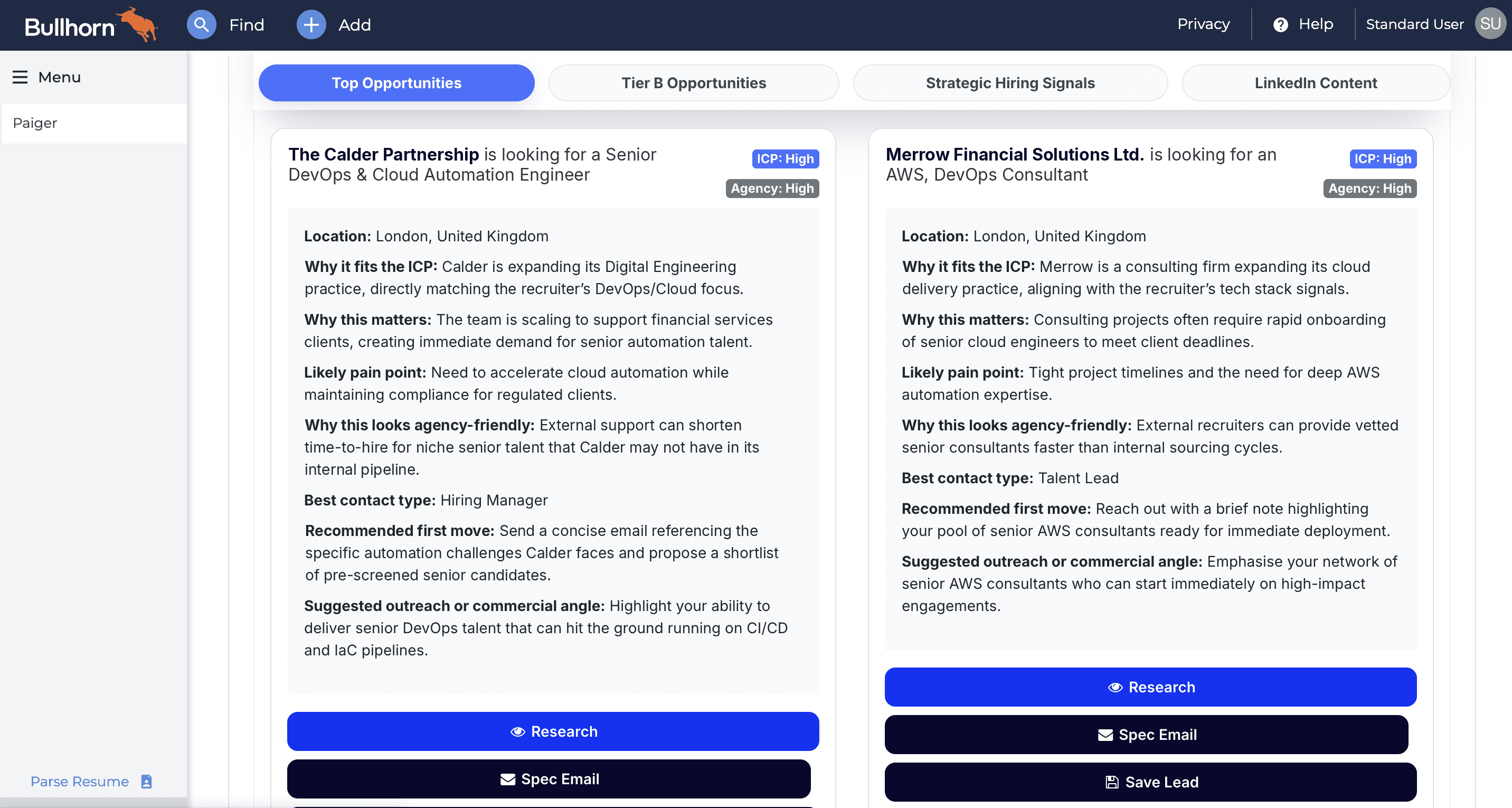 Paiger Day Plan on the Bullhorn dashboard