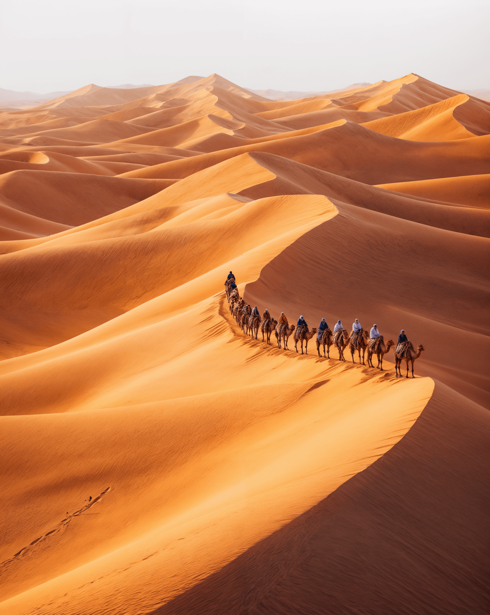 Camel caravan crossing vast golden dunes in AlUla, symbolizing traditional desert journeys.