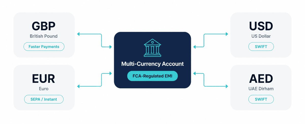 Diagram showing GBP via Faster Payments, EUR via SEPA, USD via SWIFT, AED via SWIFT, each linking to a single multi-currency account