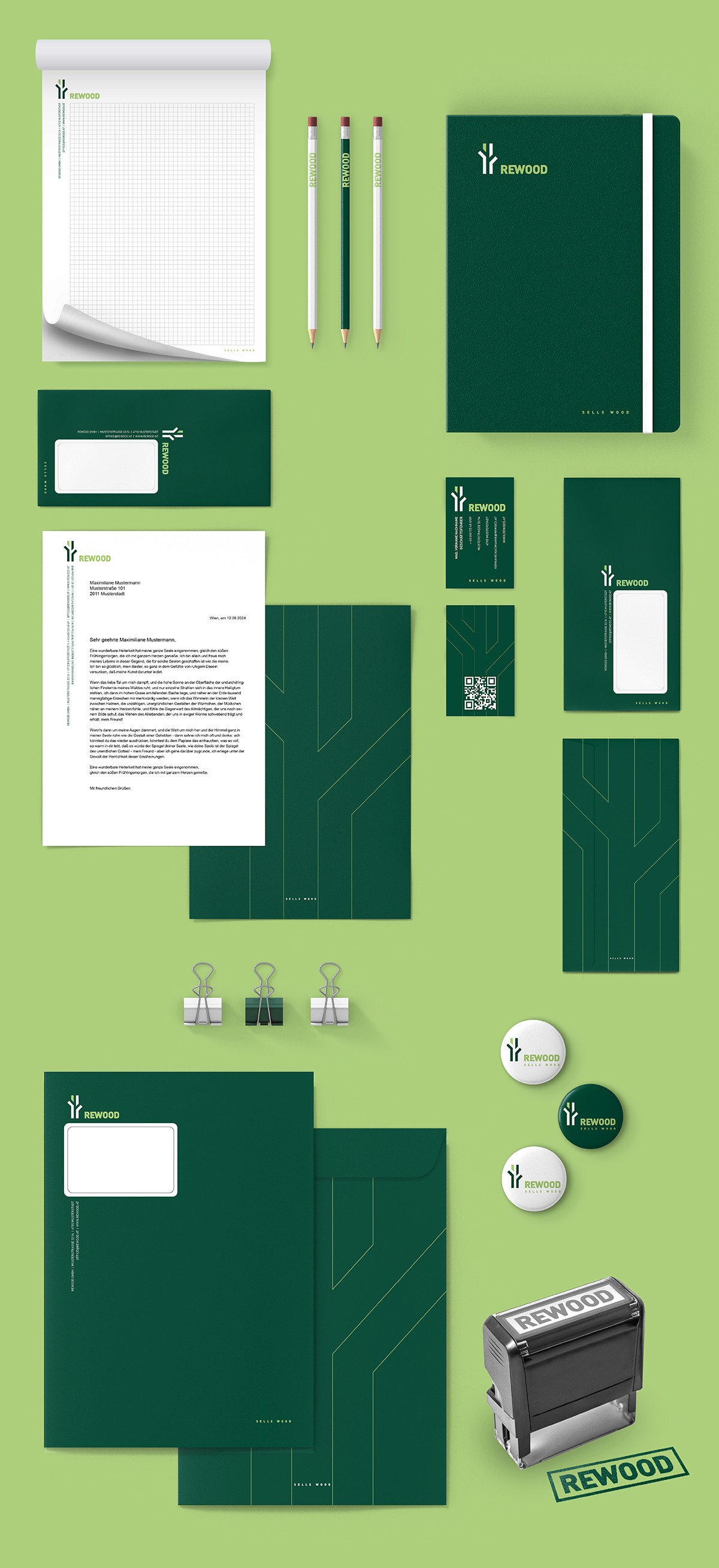 Geschäftsausstattung: Briefpapier, Bleistifte, Kuverts, Briefpapier, Klammern, Stempel, Visitenkarten