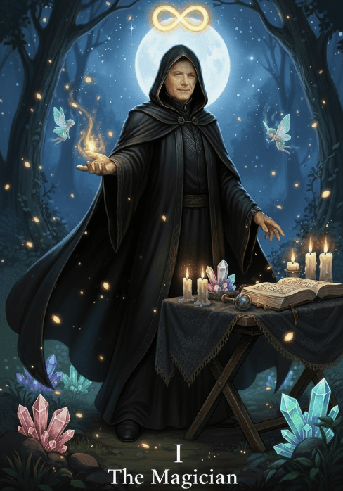 The magician, card 1 of the deck featuring a mage with a black cloak with the face of Pam's father