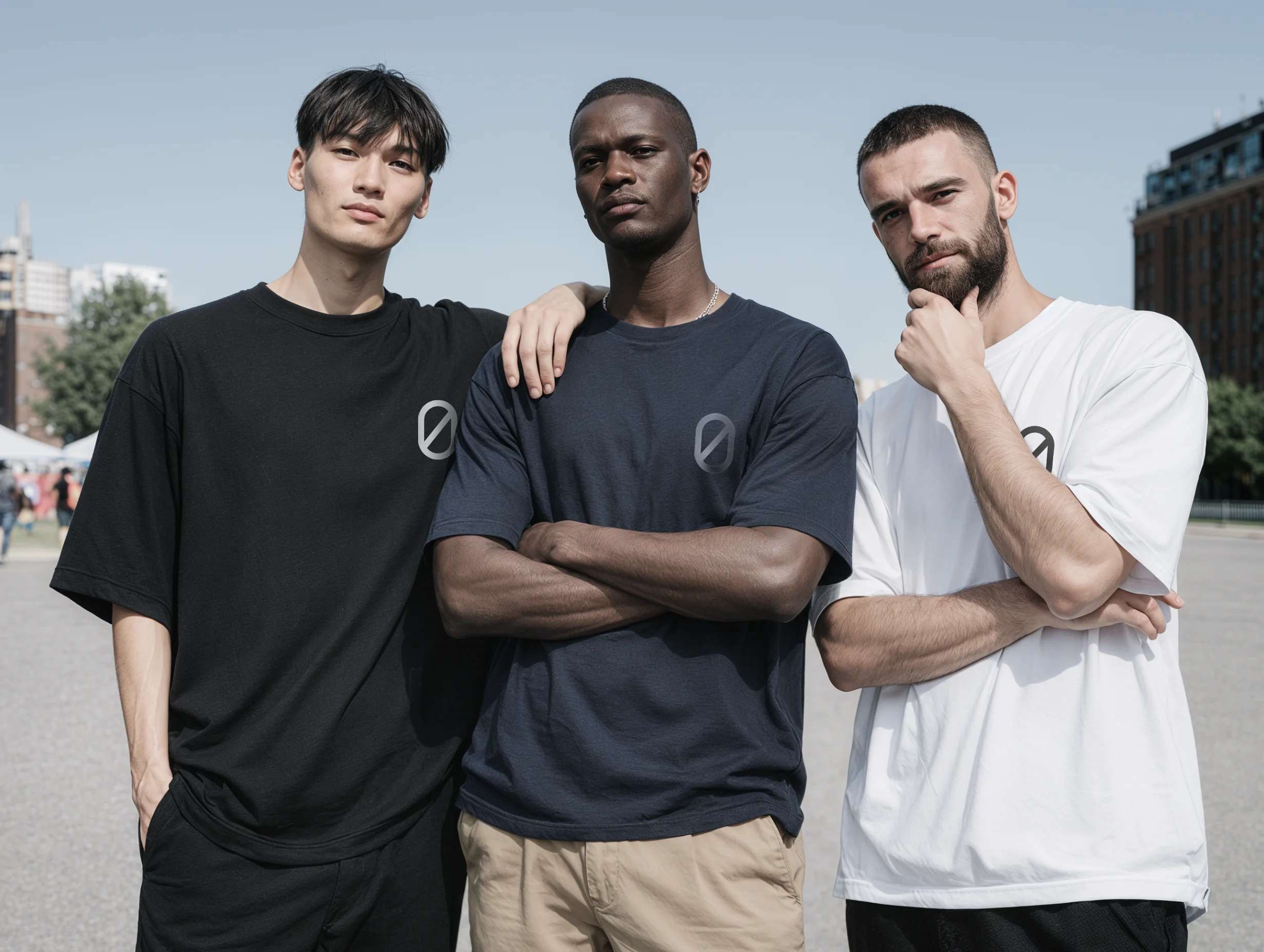 Three models wearing minimalist streetwear standing together outdoors