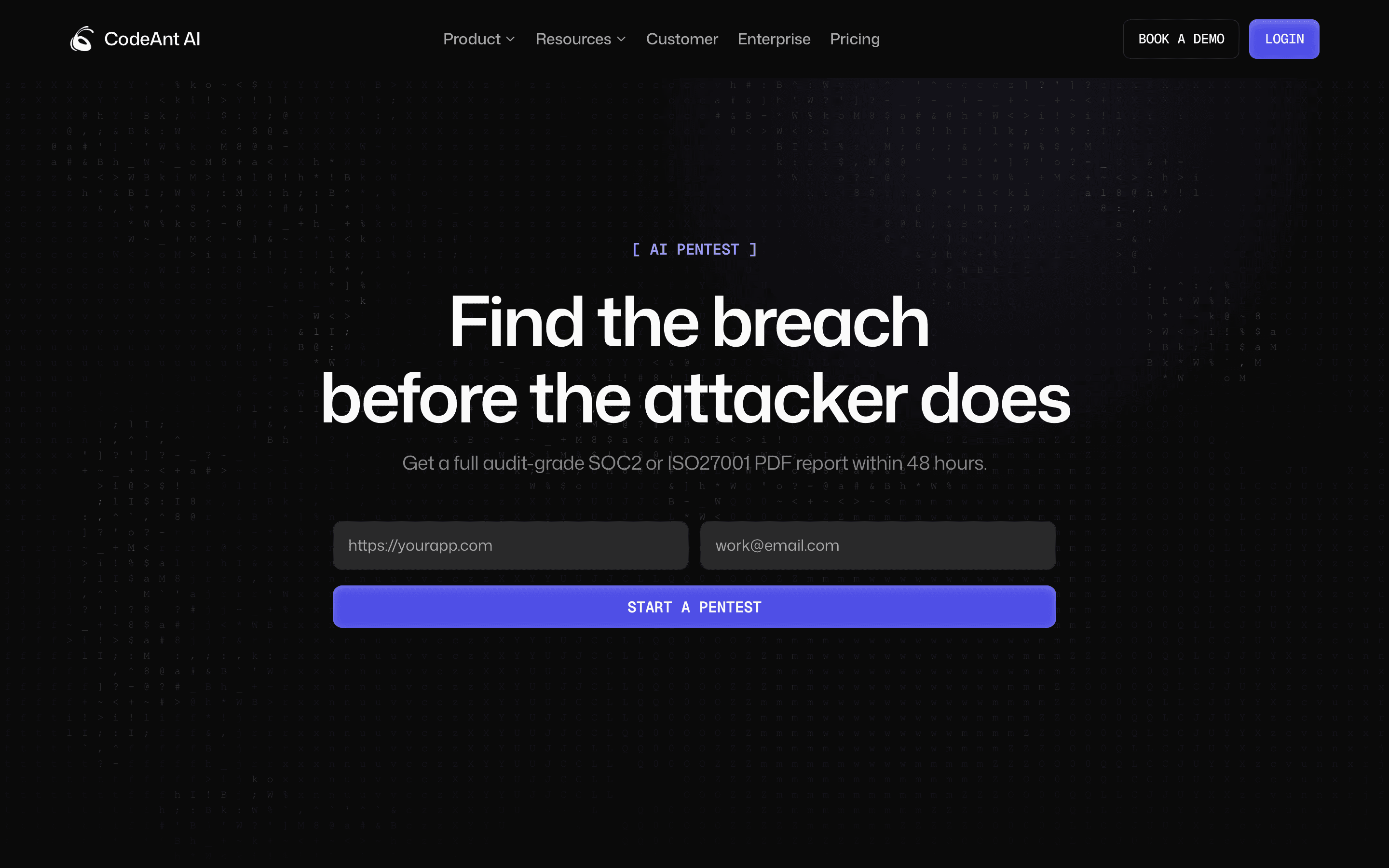 CodeAnt AI pentesting homepage showing its free AI pentest form and 48-hour audit-grade report promise