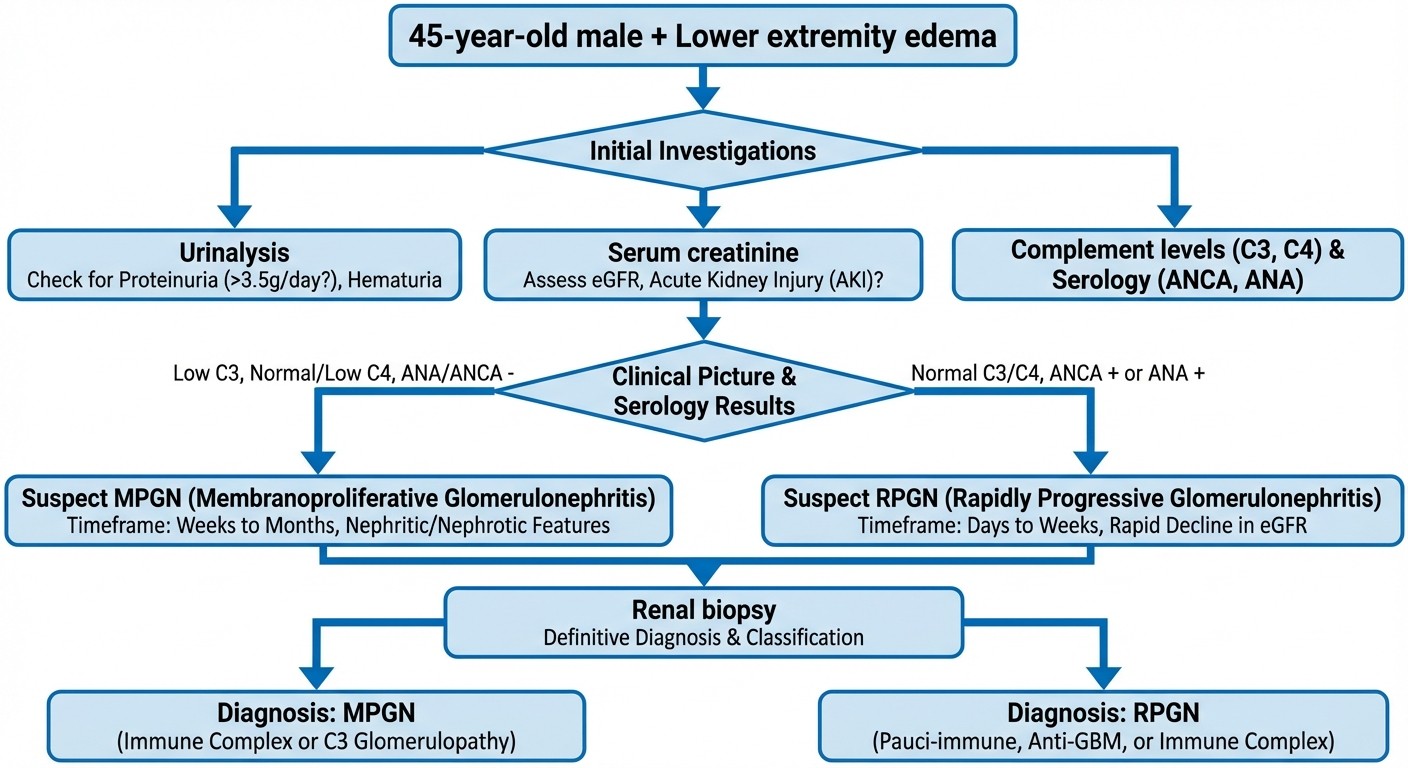 Diagnostic flowchart for glomerulonephritis in 45-year-old man with edema