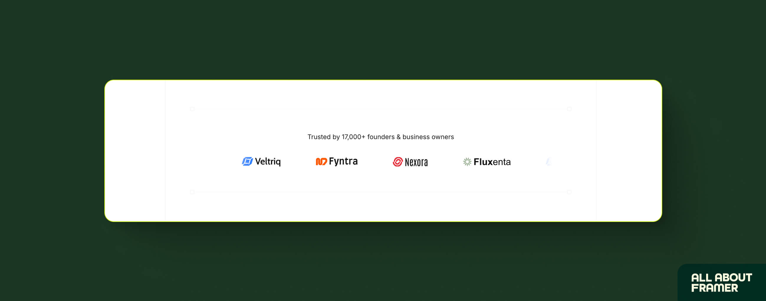 Social proof section in Framer containing company logo strip and customer testimonial cards with names, titles, and review quotes