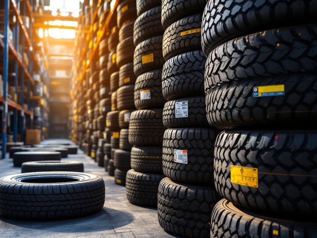 A warehouse full of tires stacked high on shelves.