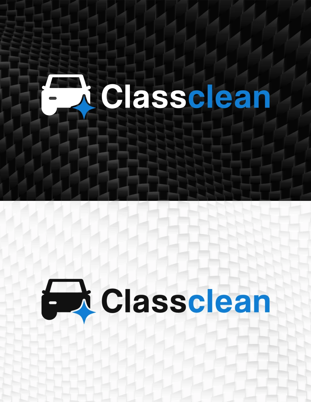 Déclinaisons du logo ClassClean sur fond sombre et fond clair — charte graphique pour service de nettoyage automobile premium en Alsace, par Tartelette Concept