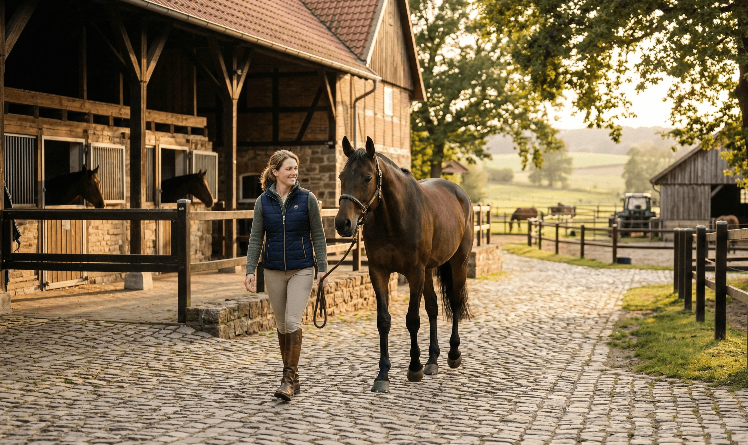 Frau mit Pferd auf einem Hof