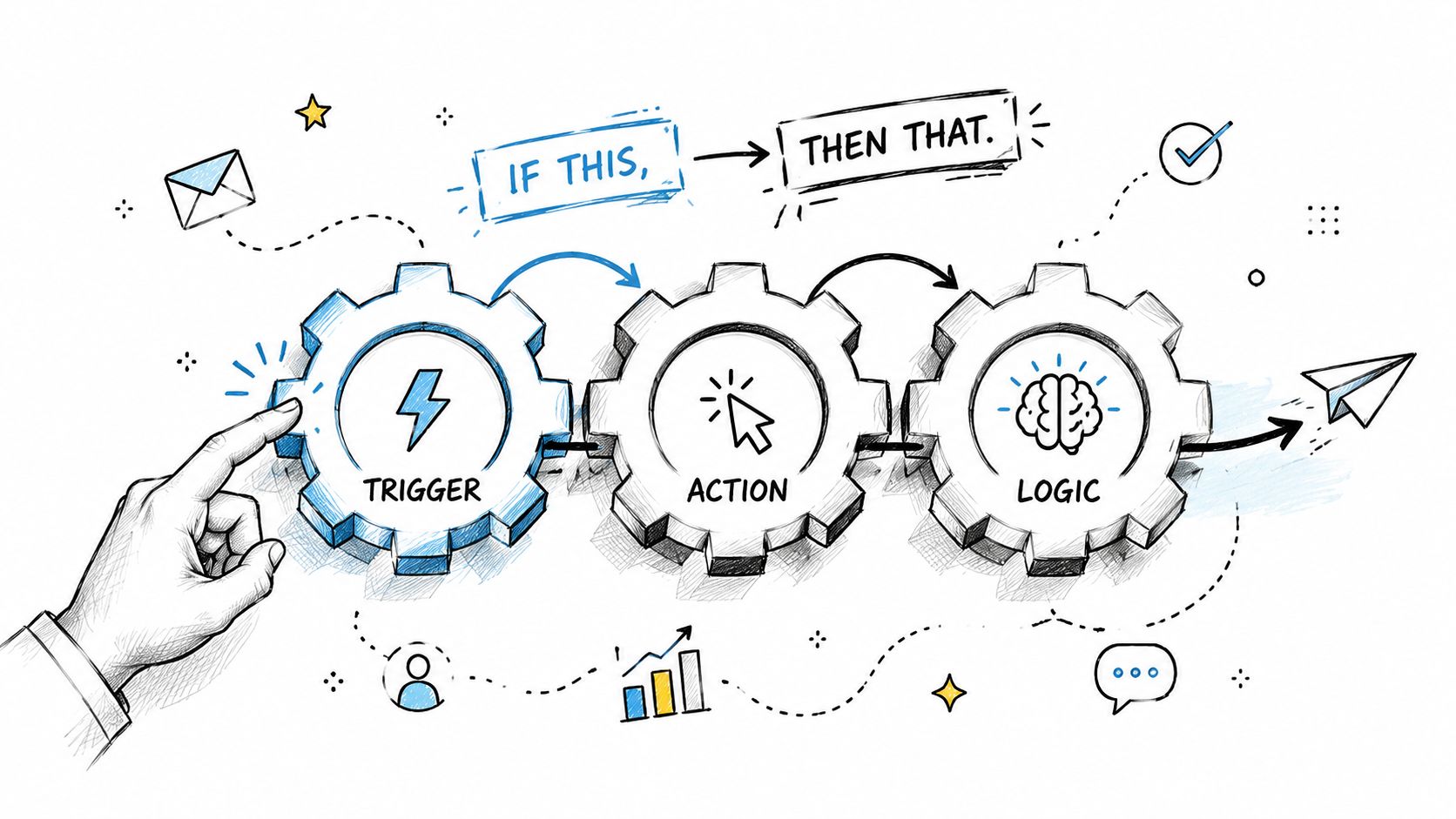 A hand touching a gear representing a marketing automation process with trigger, action, and logic stages.
