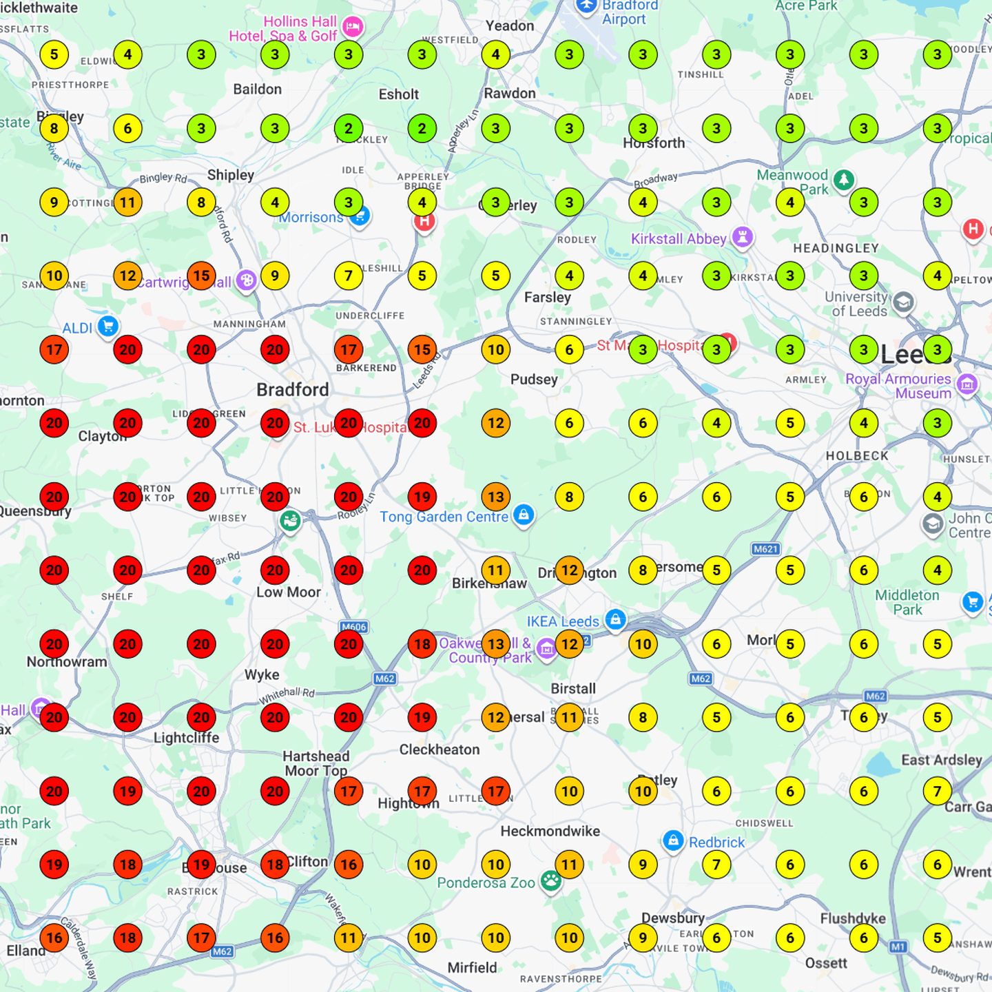 Map scan on 6 February 2026 for boiler installation in Bradford, with the top three now held across a fifth of the grid