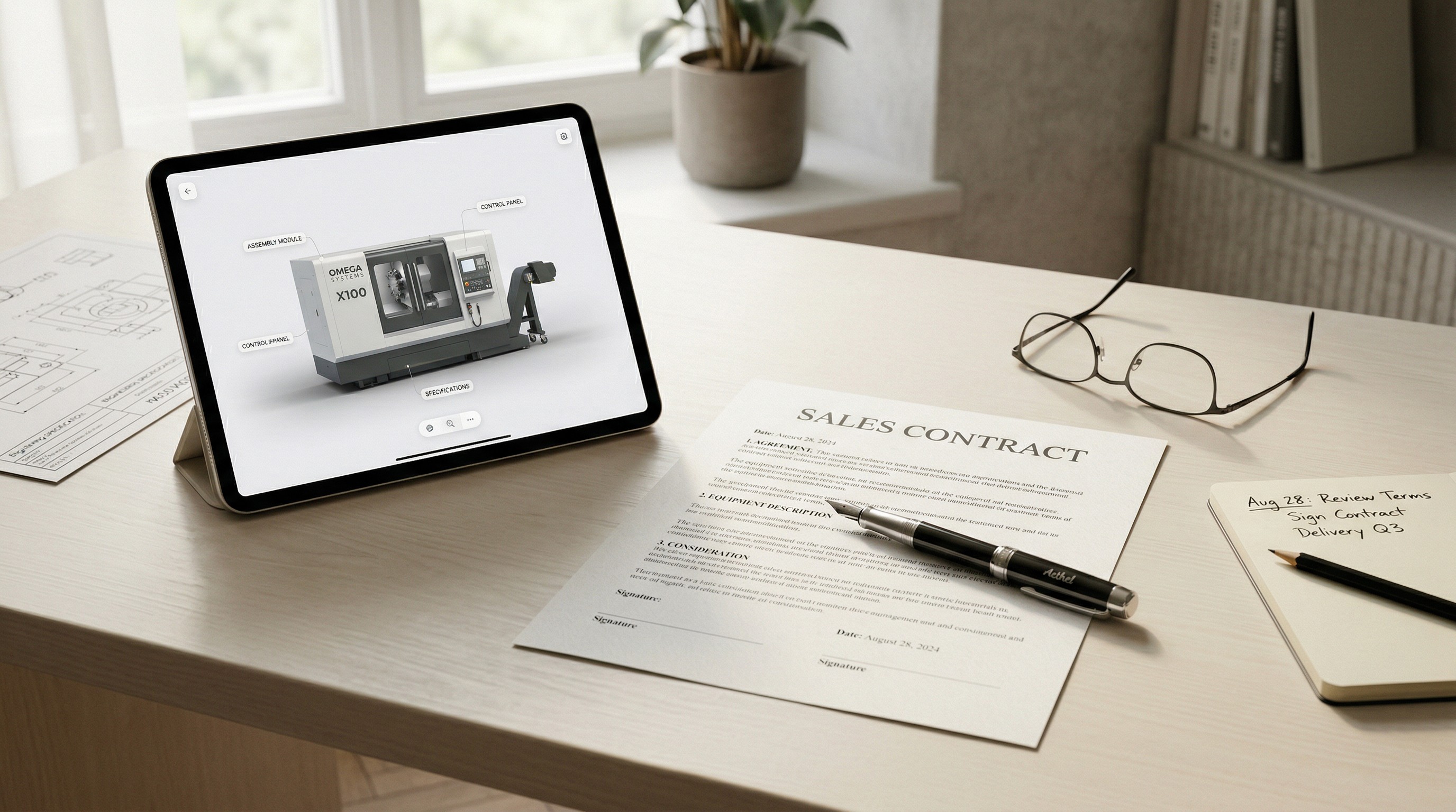 A clean office desk showing a Sales Contract document with a pen resting on it, alongside a tablet displaying an interactive 3D product experience of an industrial CNC machine — representing the process of evaluating and purchasing complex manufacturing equipment.
