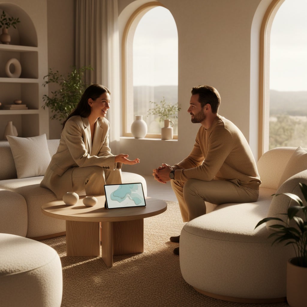 Corretor de imóveis e comprador conversando.