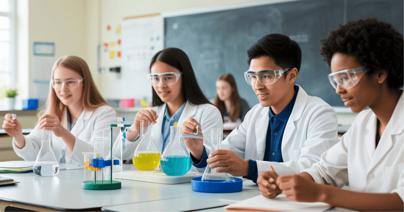 A man and a woman looking at a model of a skeleton