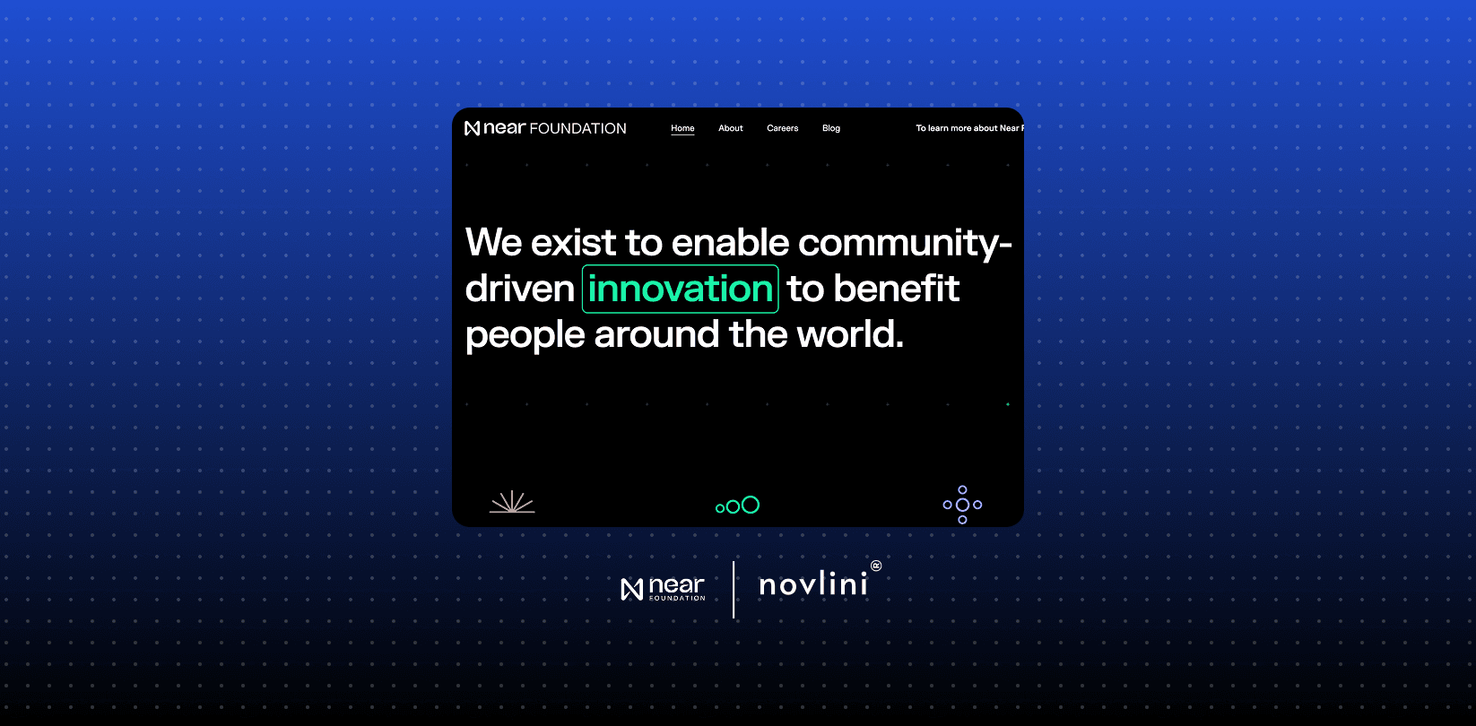 Screenshot of the Near Foundation homepage displaying the headline “We exist to enable community-driven innovation to benefit people around the world” on a black background, placed over a blue dotted gradient.