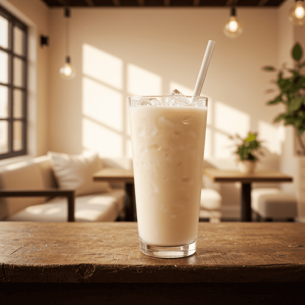 product photography of a glass of iced beverage with milk and ice cubes
