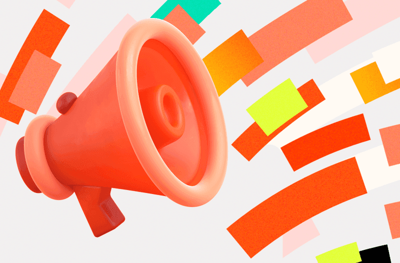 A bright orange megaphone with a colorful, geometric background. It symbolizes Reddit's expanded keyword targeting.