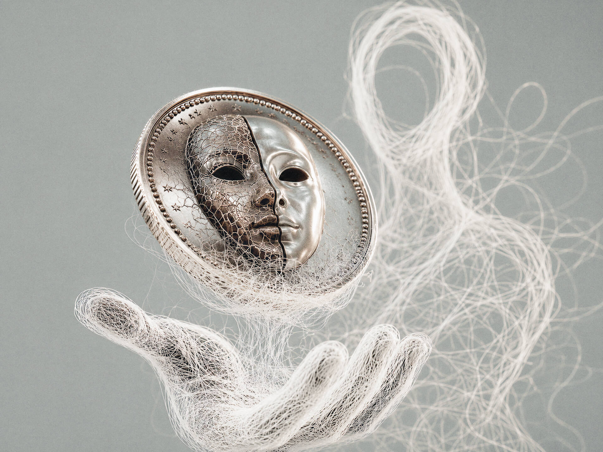 A high-end editorial CGI illustration showing a floating chrome coin embossed with a fractured dual-face theatrical mask, suspended above the open hand of an ethereal humanoid figure made from delicate white thread-like filaments. The coin appears partially fabricated from the surrounding strands, symbolizing the commercialization of identity, anxiety, and artificial intelligence culture. Set against a muted gray-green background with shallow depth of field, the image visually represents the “grift class” described in Methodborne’s article “The Grift Class and the Economy of Anxiety,” about AI gurus, LinkedIn influencers, prompt sellers, executive certifications, and fear-driven AI monetization ecosystems.