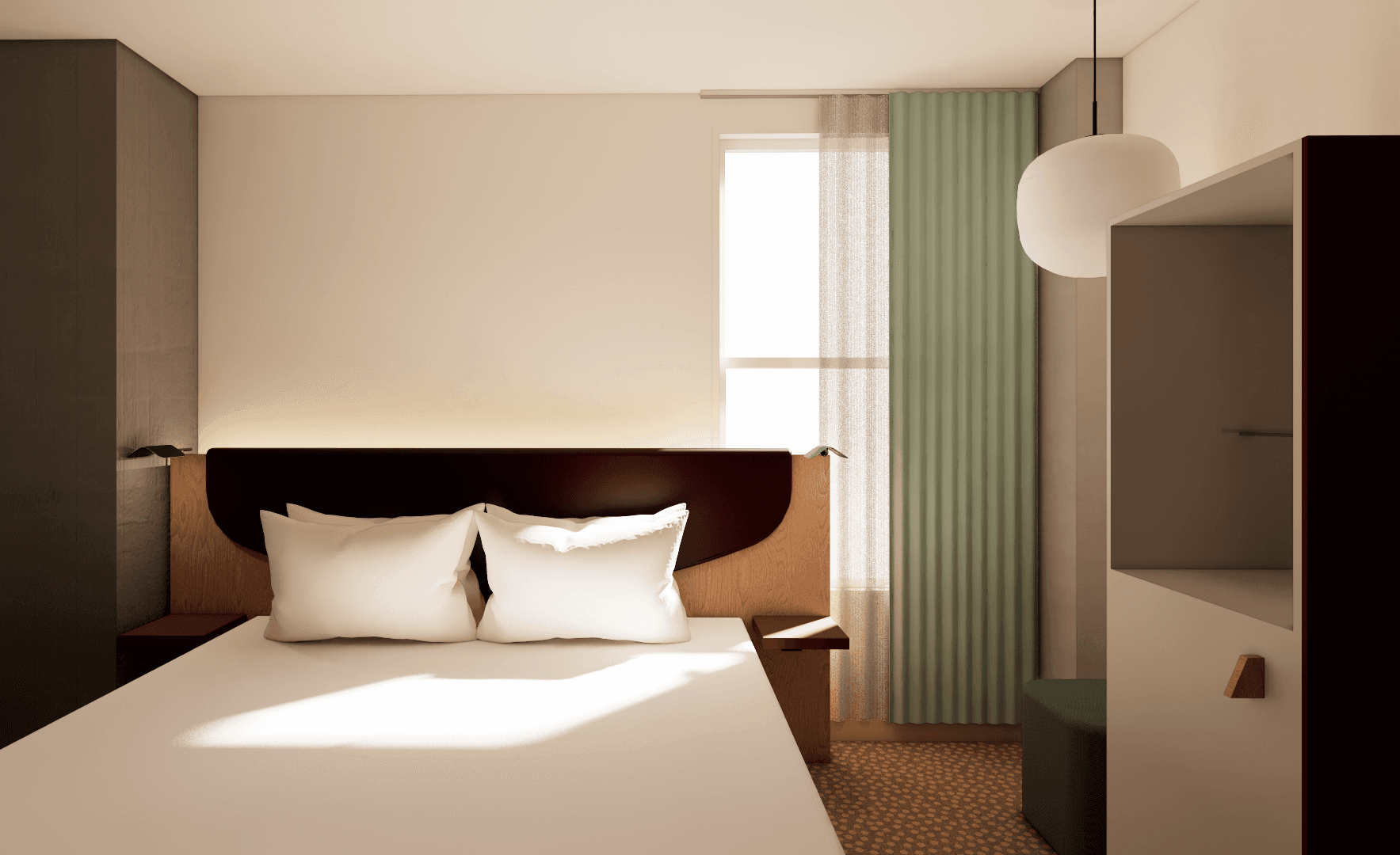 nfinity pool blending into the ocean view, minimalist sun loungers in soft neutral fabric, curved architecture