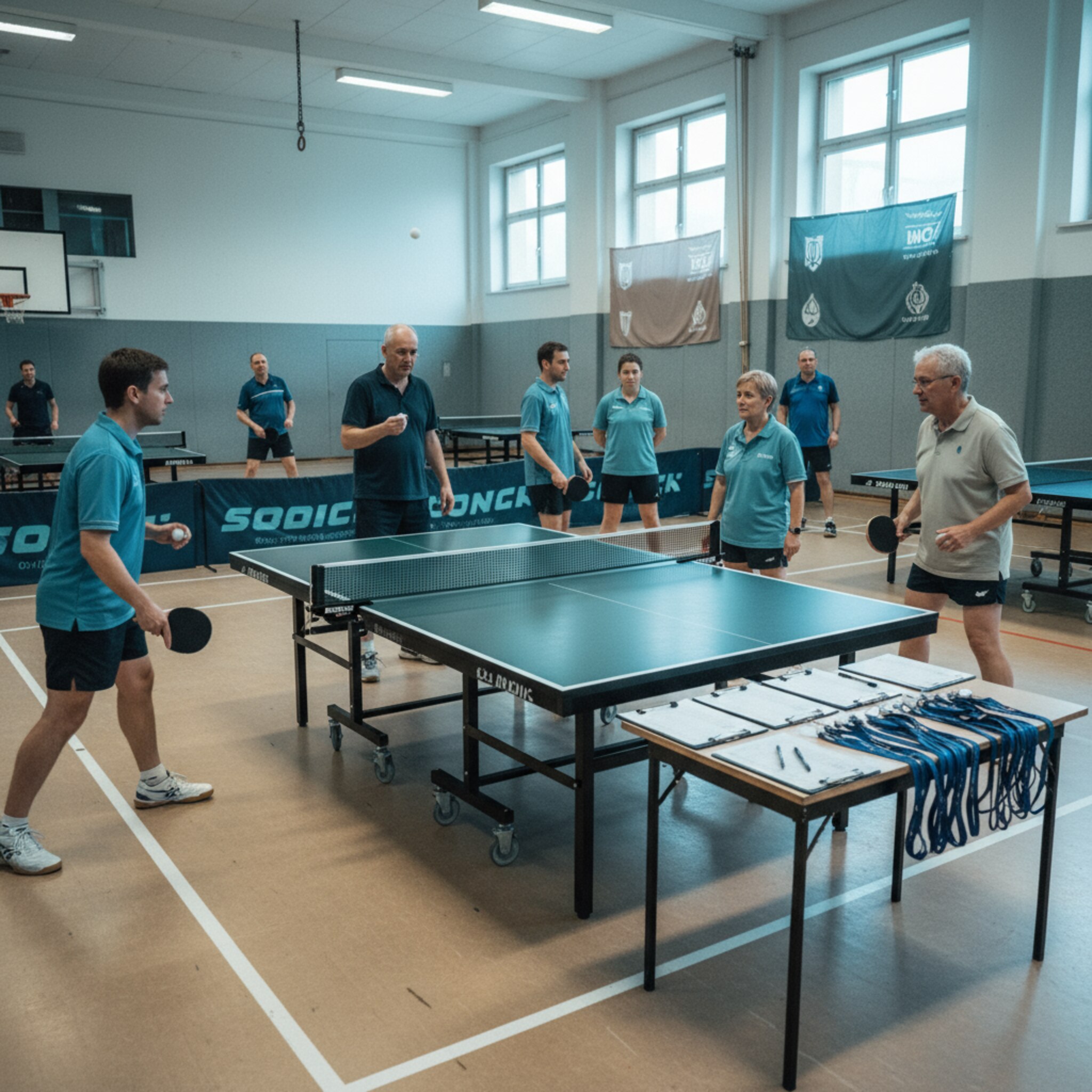 Ein Turniertisch ist mittig ausgerichtet, Startliste und Namensschilder liegen ordentlich auf einem kleinen Tischchen. Teilnehmende wärmen sich an den Nebenplatten auf, flackerndes Hallenlicht betont die Spannung. Ein Coach bindet das Netz nach, während eine kleine Warteschlange ruhig wartet. Die Atmosphäre ist professionell und erwartungsvoll.