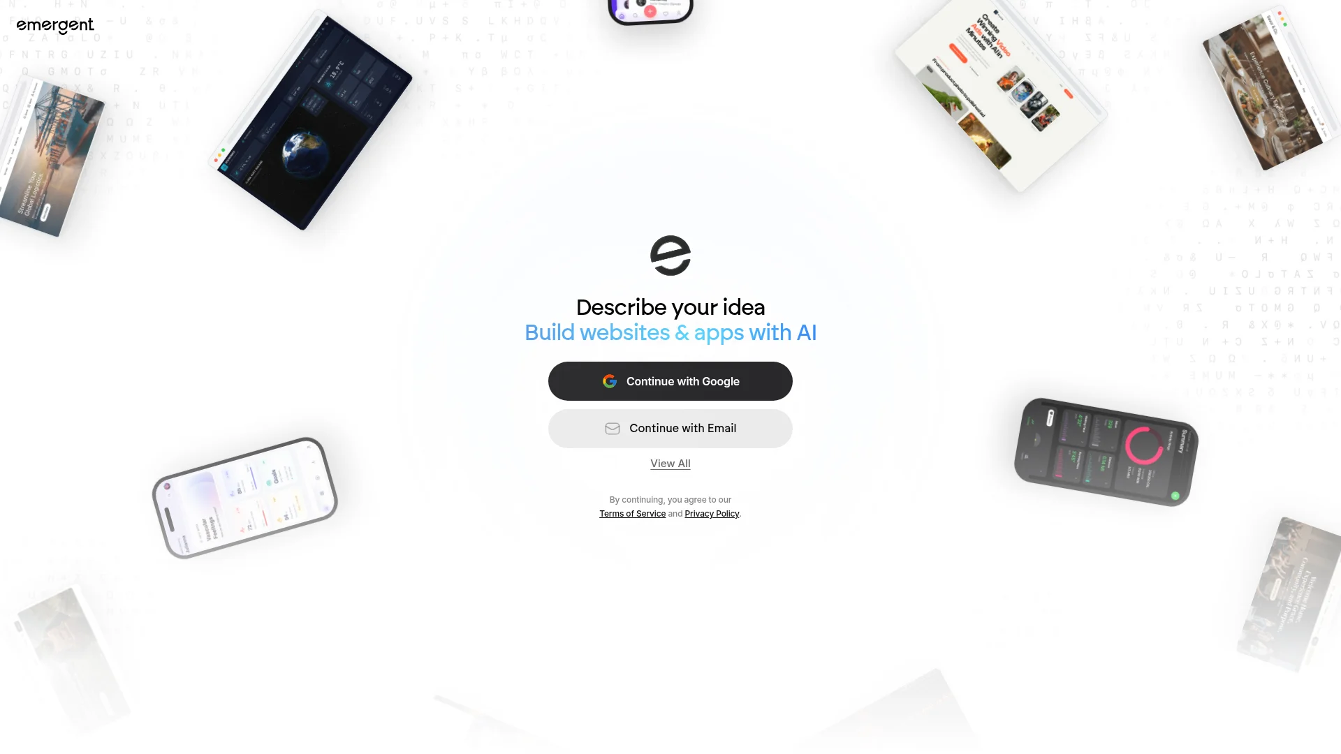 Emergent homepage showing its AI agent that builds websites and apps from a plain-English prompt