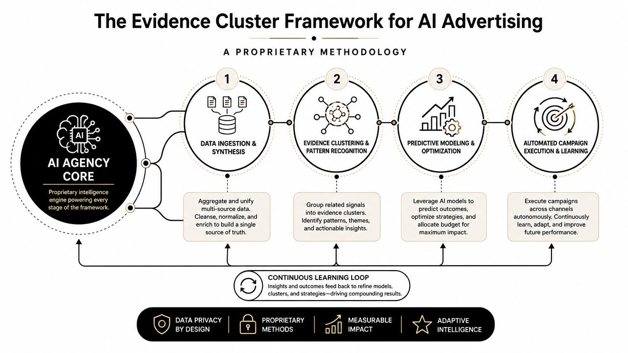 A diagram illustrating the four-stage Evidence Cluster Framework for AI-driven advertising agencies and their proprietary methodology.