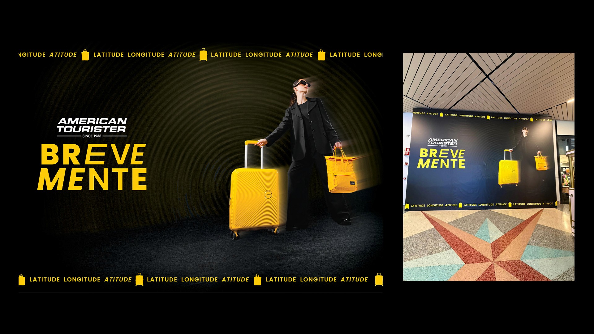 American Tourister 'Brevemente' image teaser with yellow suitcase and actual store opening shopping wall