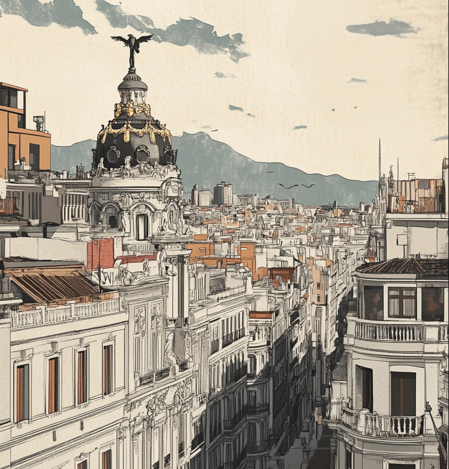 Illustrated cityscape artwork created as part of the Fabrica Excepcional brand identity