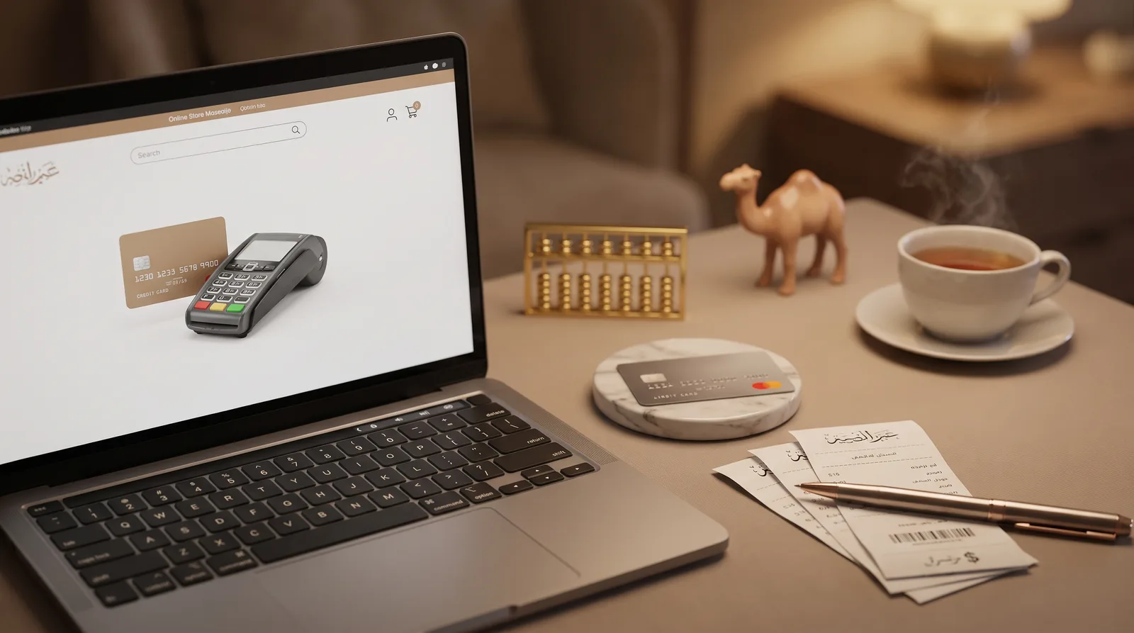 How Card Settlement Works for a Dubai Online Store beside an online store on a laptop and a card payment terminal