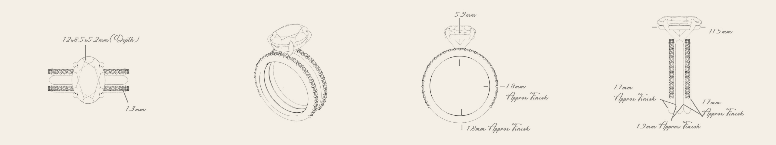 CAD line drawings of an oval-stone double-band ring, with dimensions