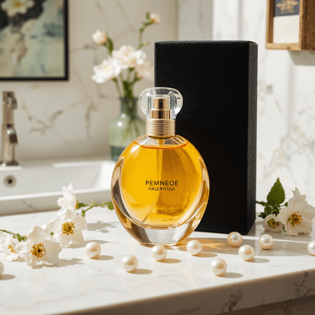 product photography of a bottle of perfume with a decorative box
