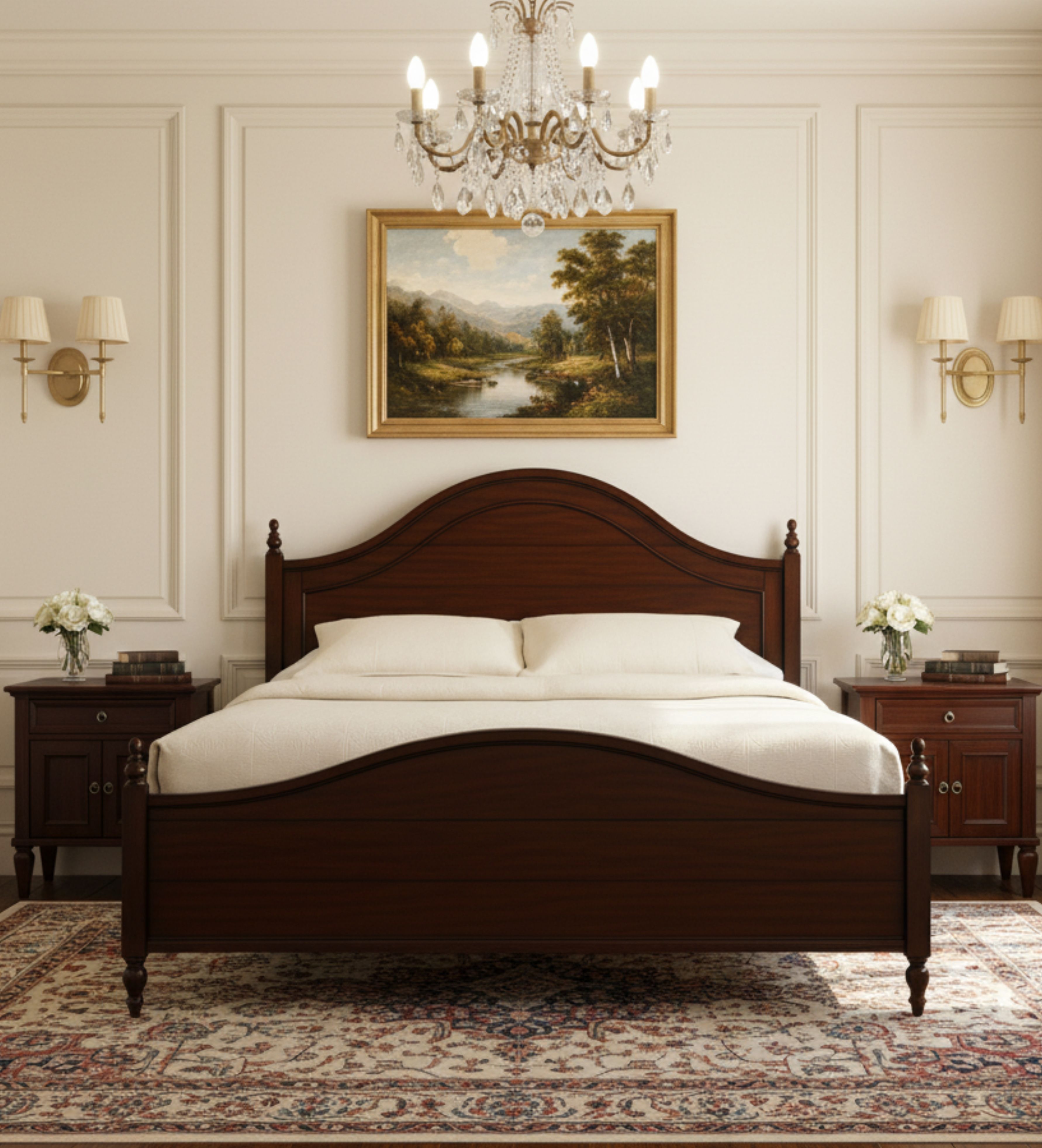 Wooden bed with arched headboard, curved top rail, and solid base construction
