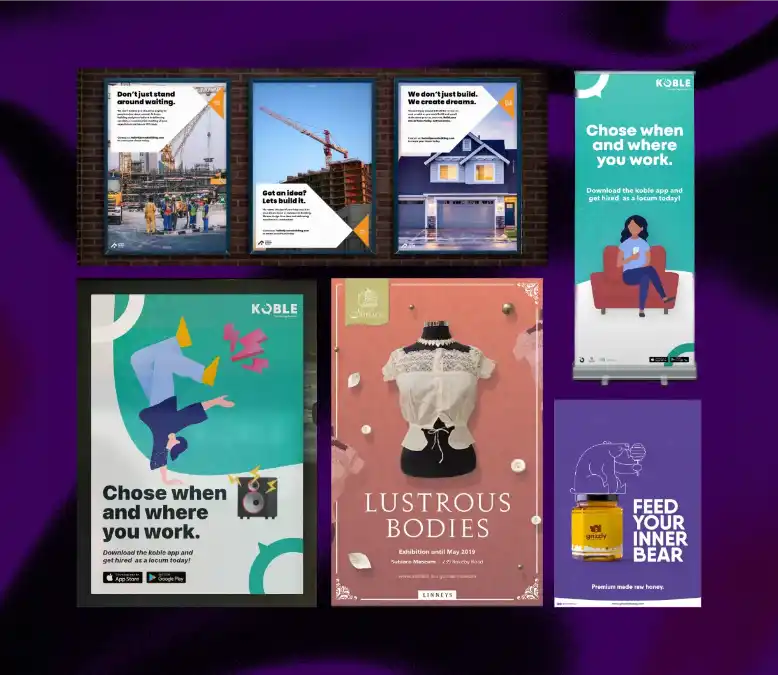 A collection of professional marketing materials and posters. The set includes three construction-themed informational posters, two "KOBLE" app advertisements featuring teal and white branding, a "Lustrous Bodies" exhibition poster with a pink background and lace garment photography, and a "Feed Your Inner Bear" Grizzly Honey campaign poster in vibrant purple.