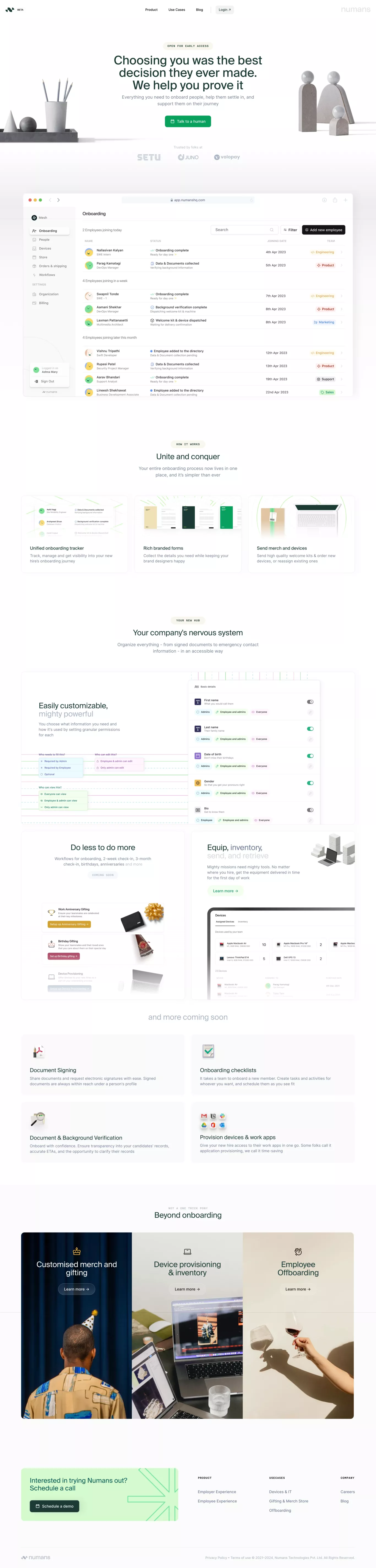 Numans landing page screenshot showcasing HR and Tech design