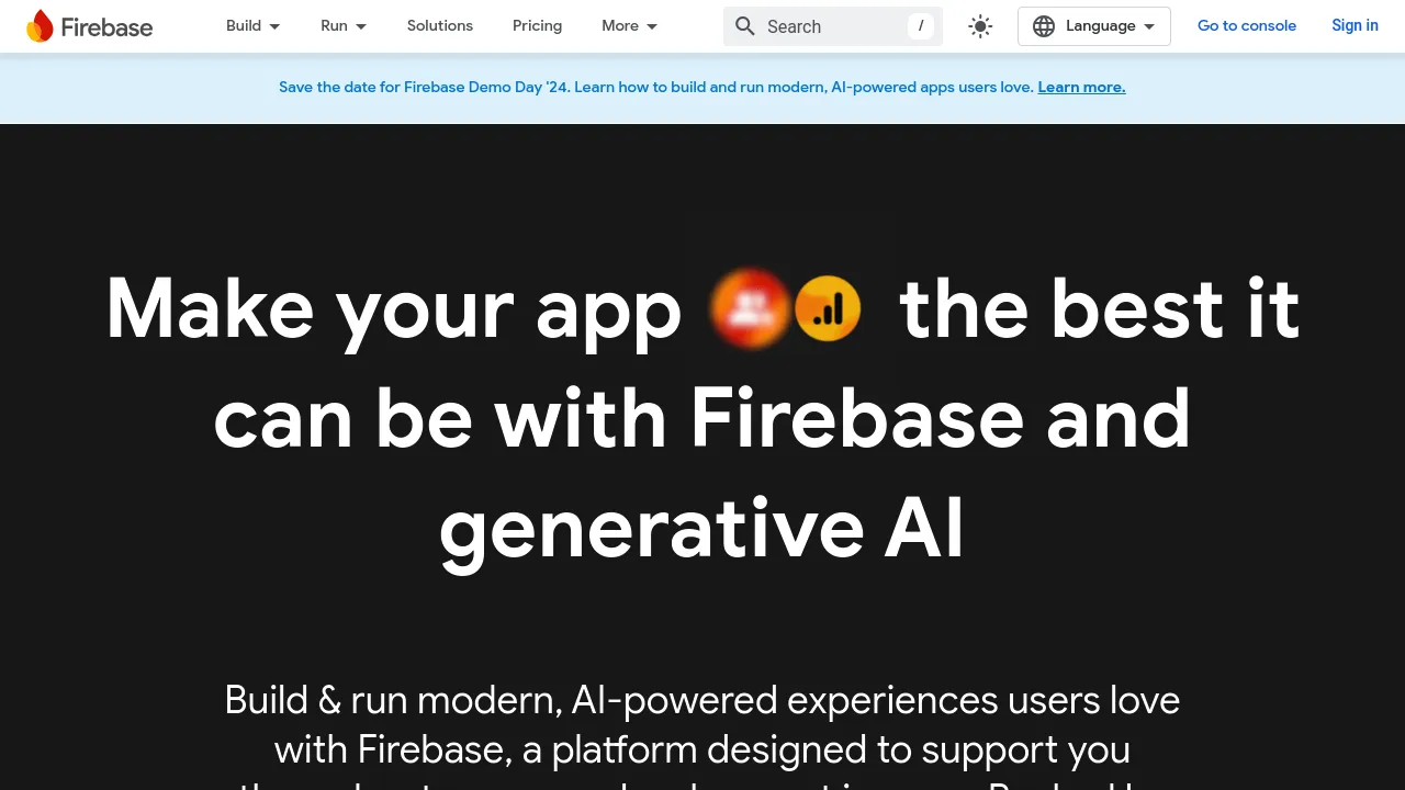 Screenshot of the Firebase website showcasing app development platform features by Google