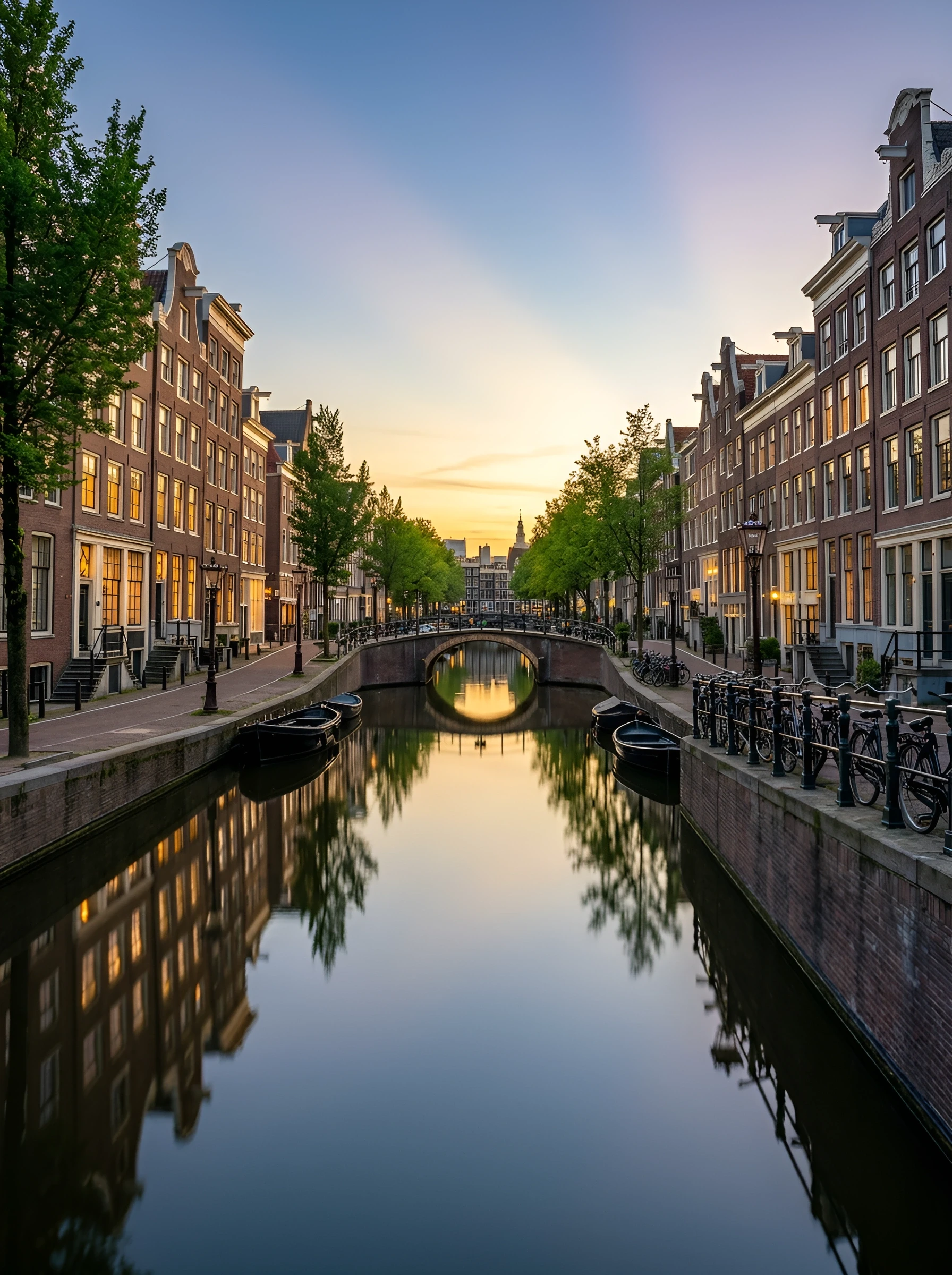 A canal lined with townhouses at golden hour