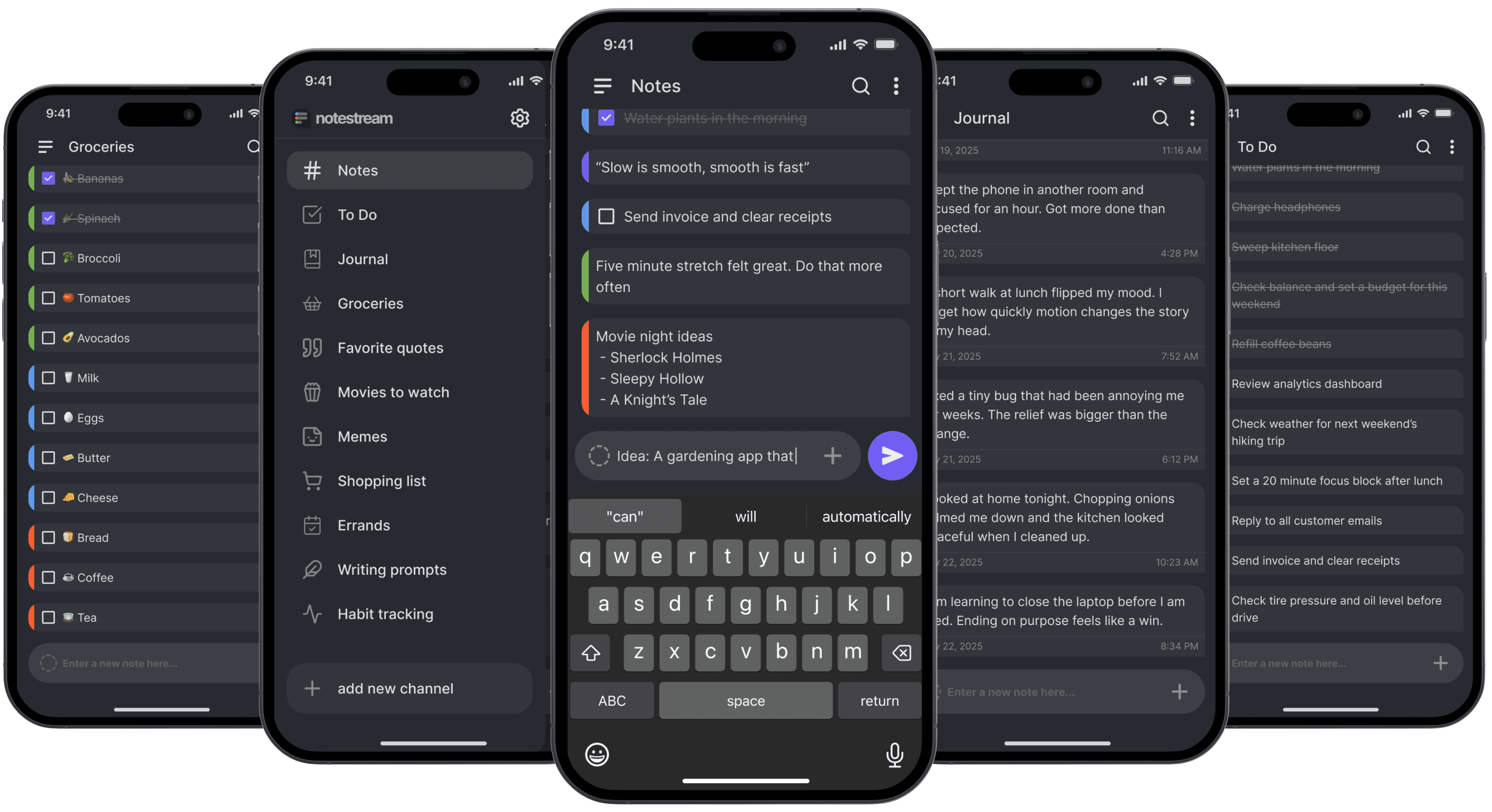 Notestream can be used for quick capture notes, grocery lists, journals, memos, to dos, and other everyday lists