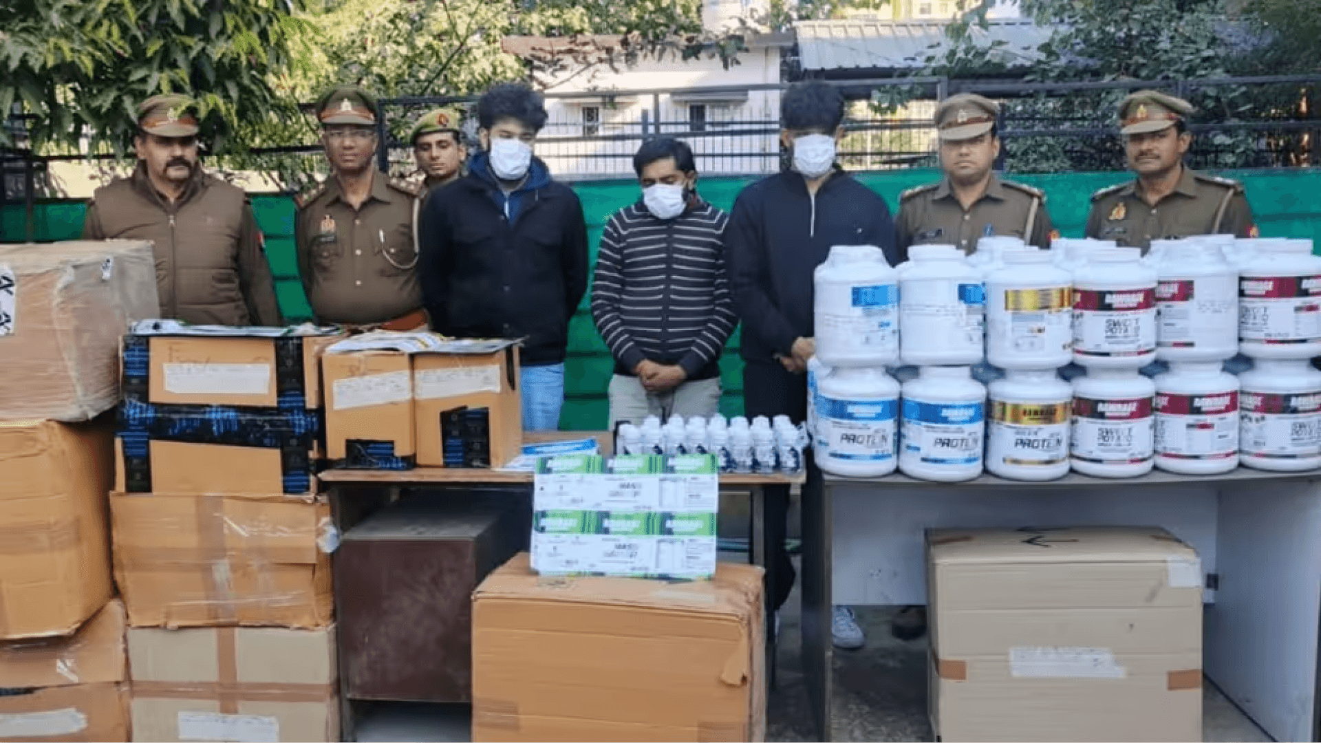 Police confiscating fake protein supplements during a crackdown on counterfeit products in India Dangers of fake health products, FSSAI regulations for health supplements, Consumer safety in nutritional supplements