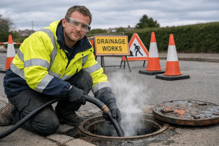 Worker in protective gear using a hose over a steaming manhole, with ‘Drainage Works’ road signs and traffic cones in the background.