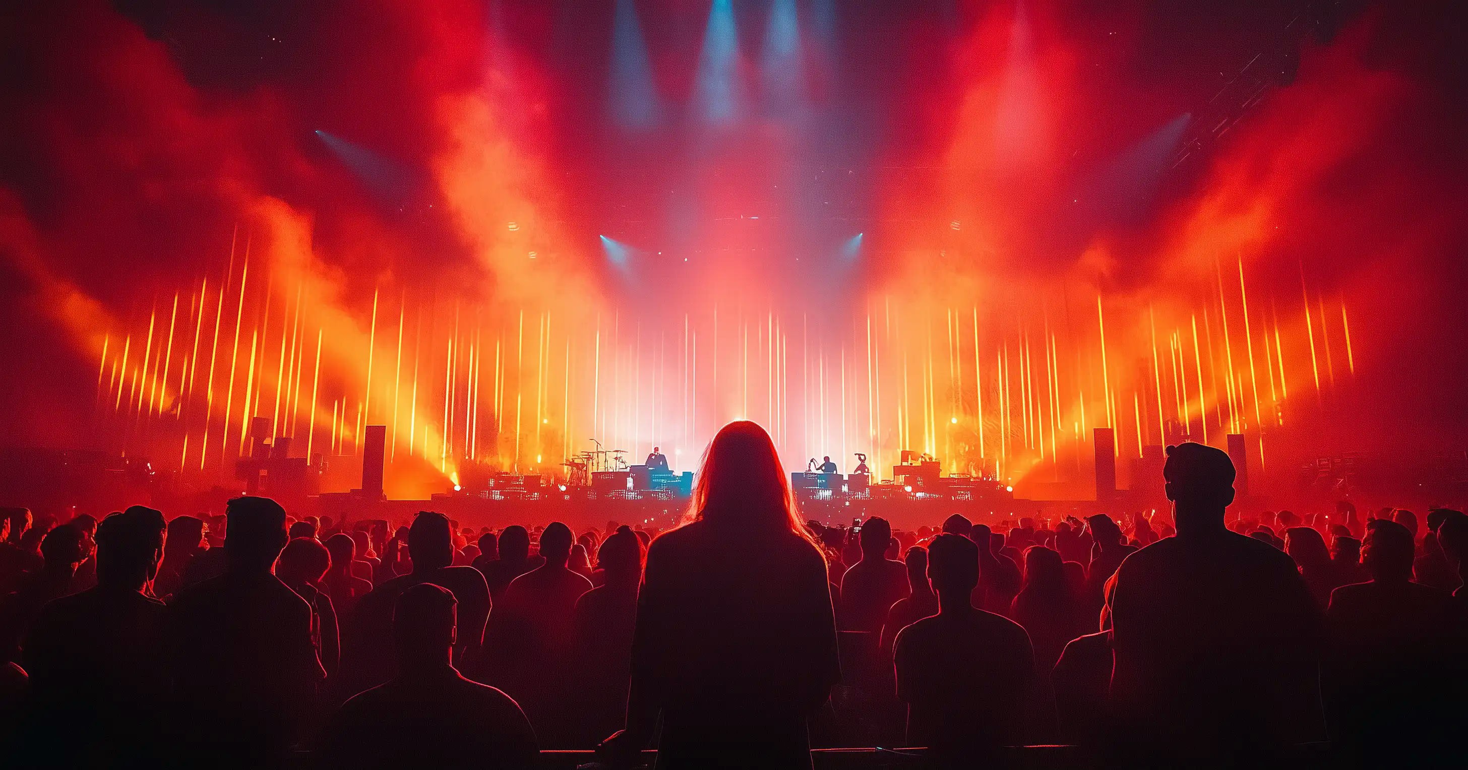 A crowd is watching a dj with red lasers and 3d graphics playing in the background